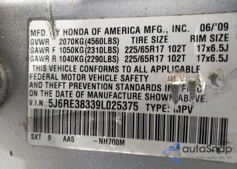 2009 Honda Cr-V Lx from USA, damaged, VIN 5J6RE38339L025375